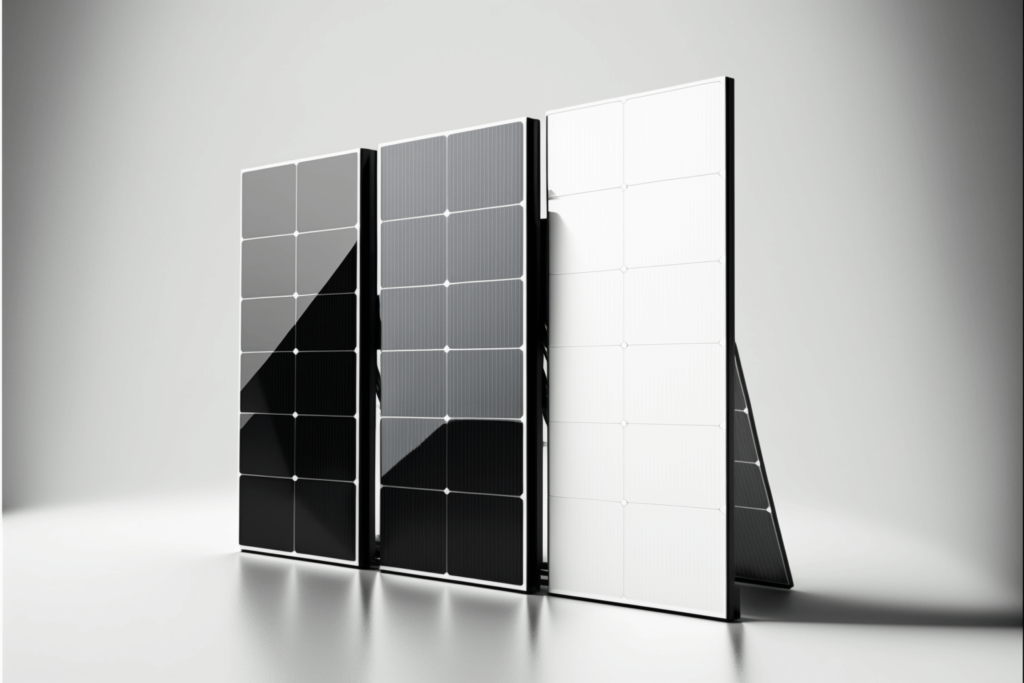 Solar energy industry services: Three options of Modern High-efficiency Solar PV Modules in a white room
